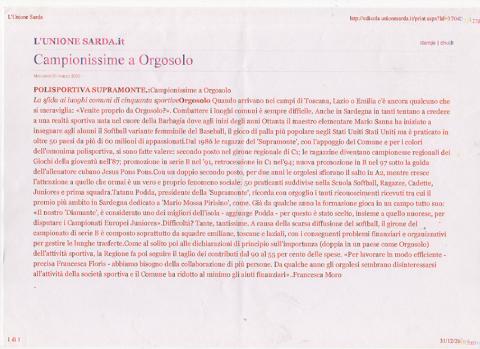 Articolo "Campionissime a Orgosolo" del 01 marzo 2000 su l'Unione Sarda
